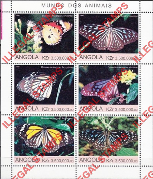 Angola 2000 Butterflies Illegal Stamp Souvenir Sheet of 6