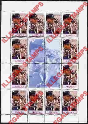 Angola 2000 Derek Jeter Baseball Illegal Stamp Souvenir Sheet of 12 Plus 4 Labels