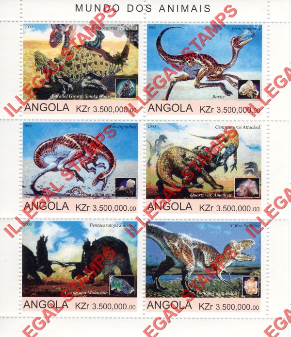 Angola 2000 Dinosaurs Illegal Stamp Souvenir Sheet of 6