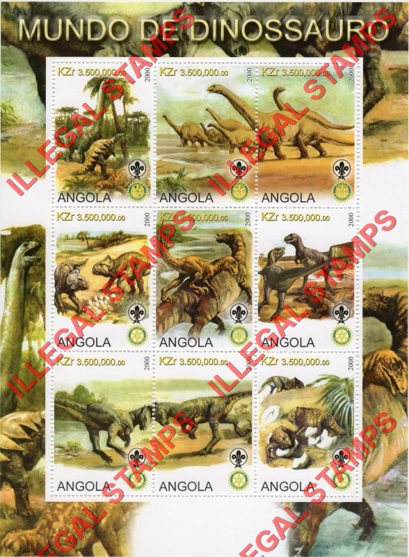 Angola 2000 Dinosaurs with Scouts Logo Illegal Stamp Souvenir Sheet of 9