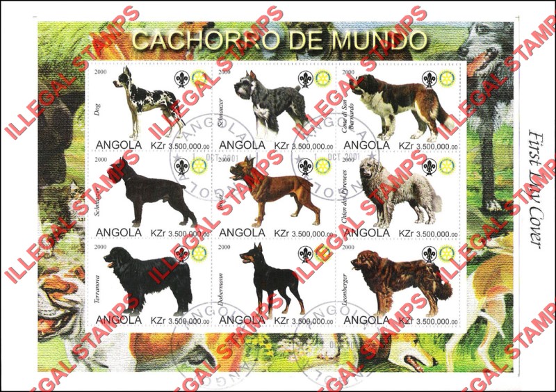 Angola 2000 Dogs of the World with Scouts Logo Illegal Stamp Souvenir Sheet of 9 on Fake First Day Cover