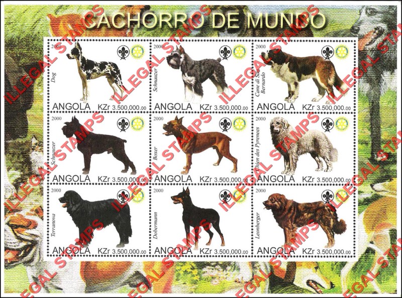 Angola 2000 Dogs of the World with Scouts Logo Illegal Stamp Souvenir Sheet of 9