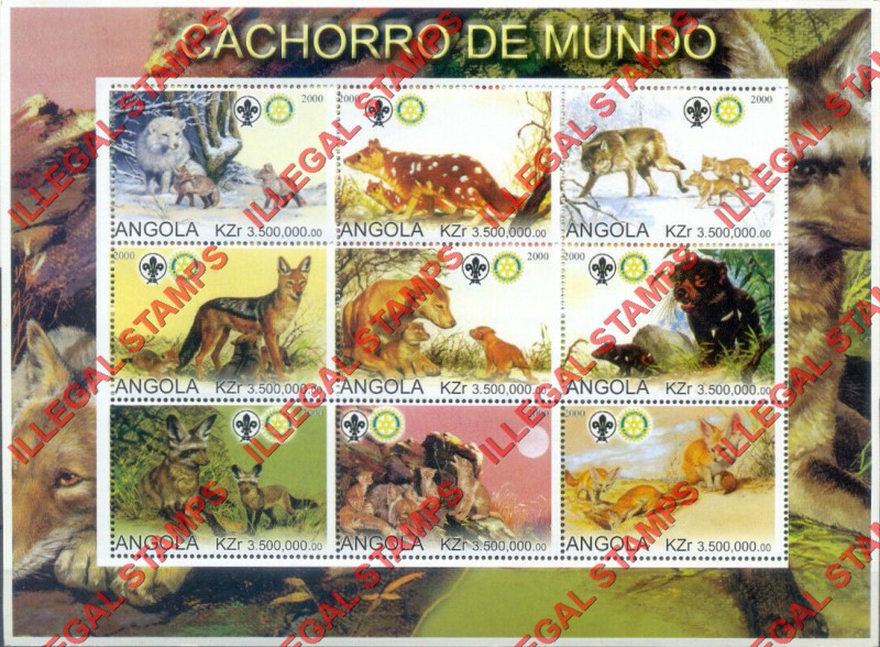 Angola 2000 Dogs of the World with Scouts Logo (Wild Dogs) Illegal Stamp Souvenir Sheet of 9