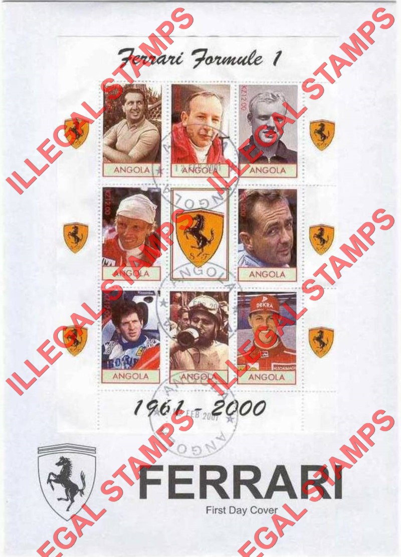Angola 2000 Ferrari Formula I Drivers Illegal Stamp Souvenir Sheet of 9 on Fake First Day Cover