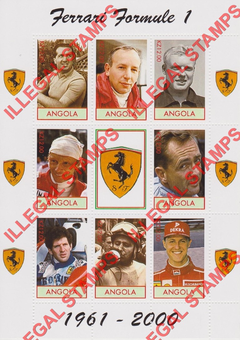 Angola 2000 Ferrari Formula I Drivers Illegal Stamp Souvenir Sheet of 9