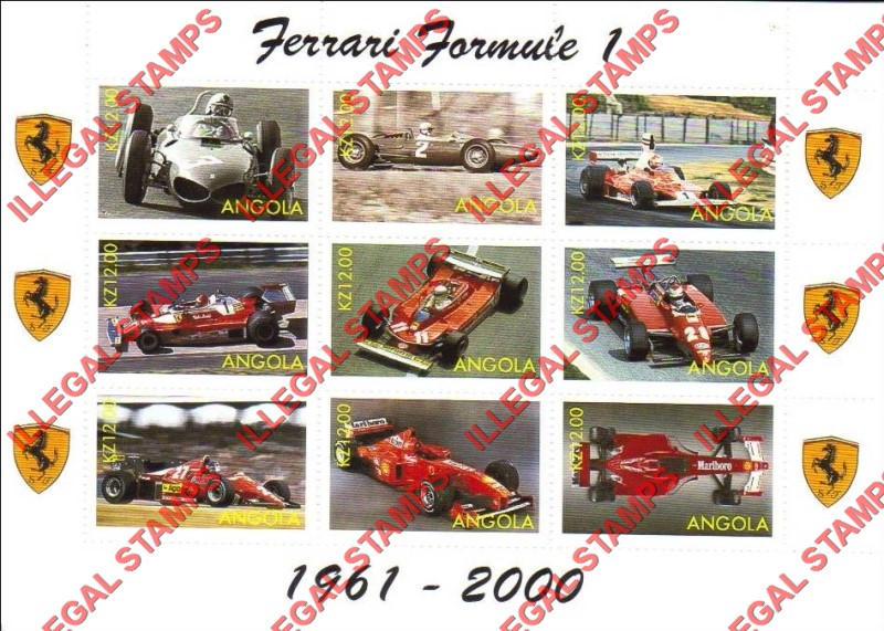 Angola 2000 Ferrari Formula I Race Cars Illegal Stamp Souvenir Sheet of 9