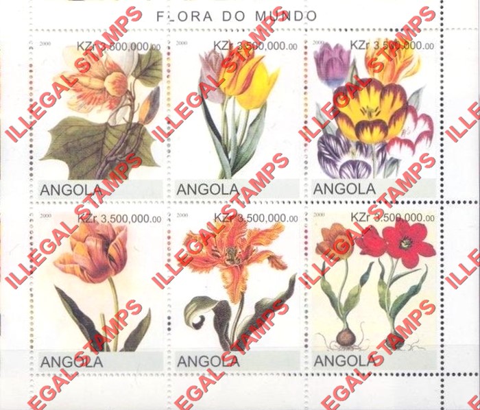 Angola 2000 Flowers Illegal Stamp Souvenir Sheets of 6 (Sheet 4)