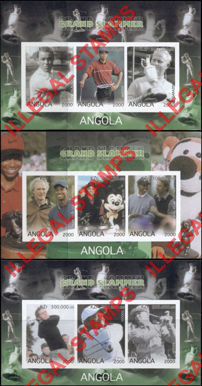 Angola 2000 Golf Grand Slammer Illegal Stamp Souvenir Sheets of 3