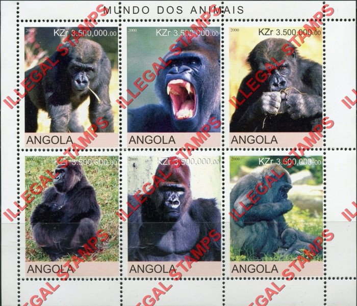 Angola 2000 Gorillas Illegal Stamp Souvenir Sheet of 6