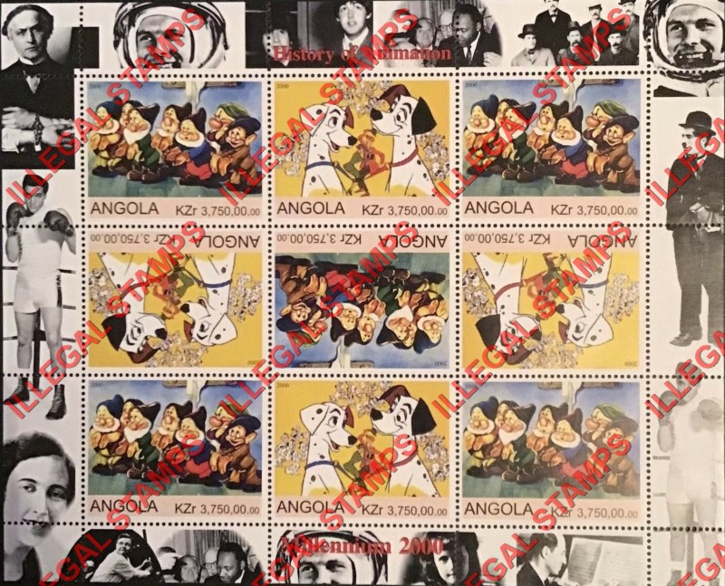 Angola 2000 History of Animation Illegal Stamp Souvenir Sheets of 9 (Sheet 1)