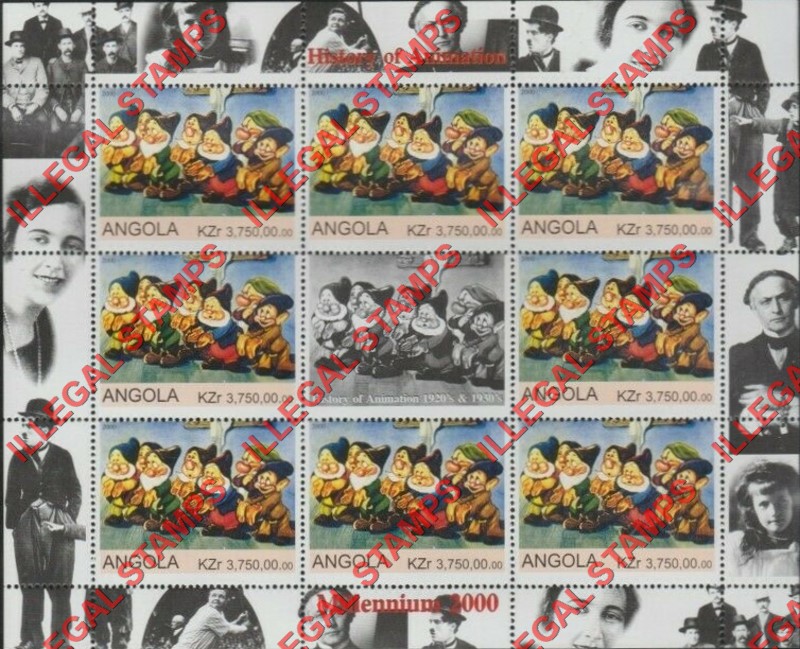 Angola 2000 History of Animation Illegal Stamp Souvenir Sheets of 9 (Sheet 3)