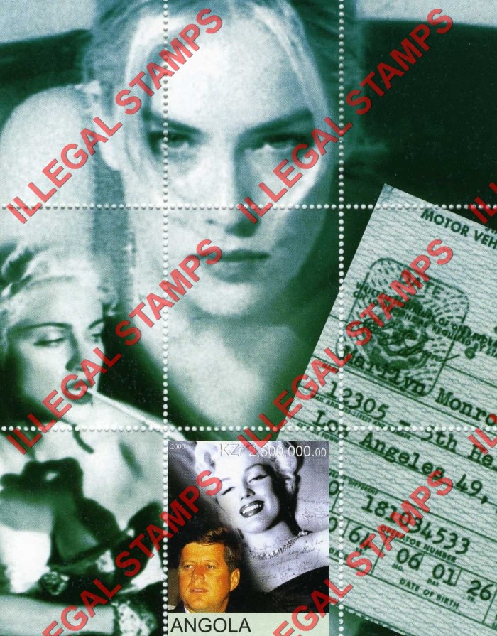 Angola 2000 John F. Kennedy and Marilyn Monroe Illegal Stamp Souvenir Sheet of 1
