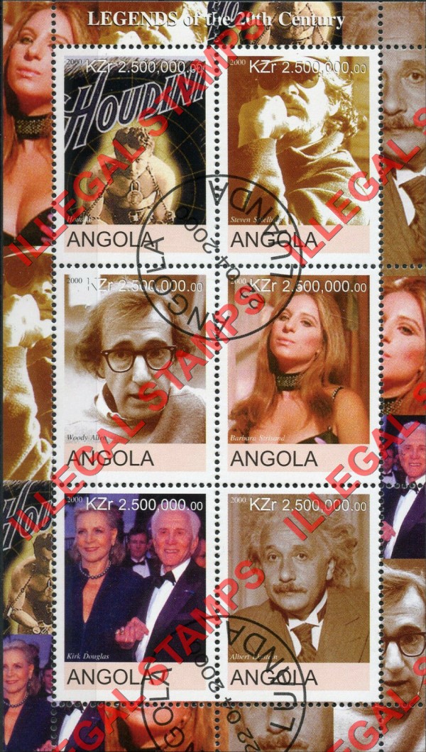 Angola 2000 Legends of the 20th Century Illegal Stamp Souvenir Sheet of 6