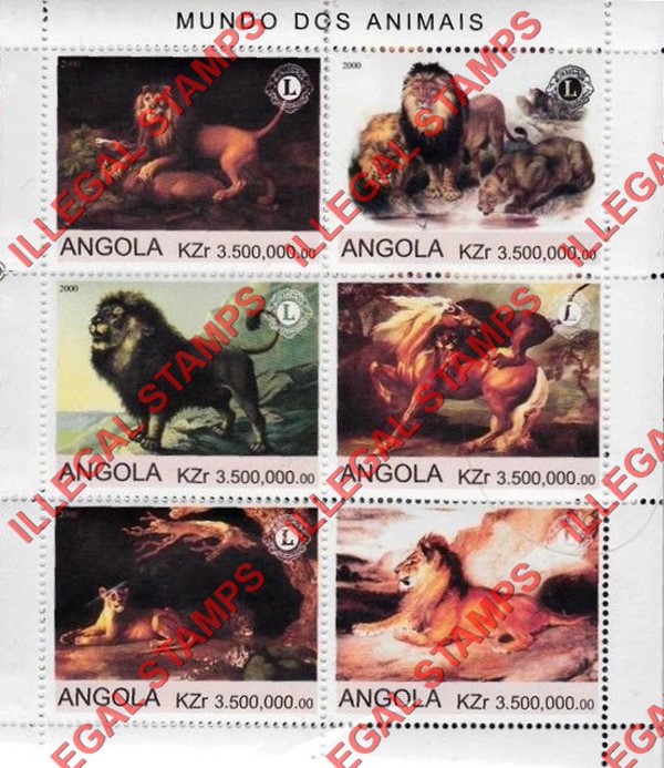 Angola 2000 Lions Illegal Stamp Souvenir Sheet of 6