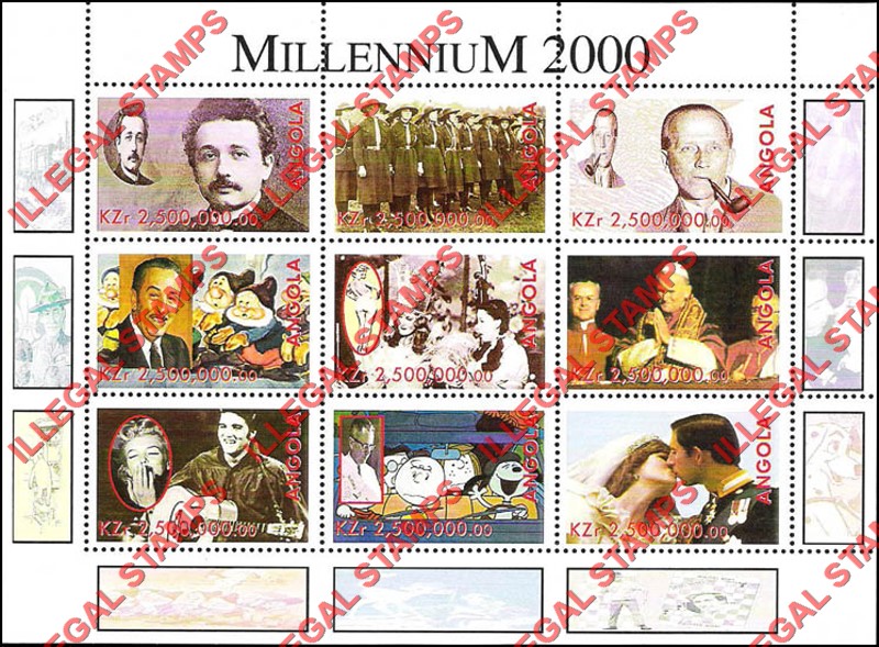 Angola 2000 Millennium 2000 Illegal Stamp Souvenir Sheet of 9