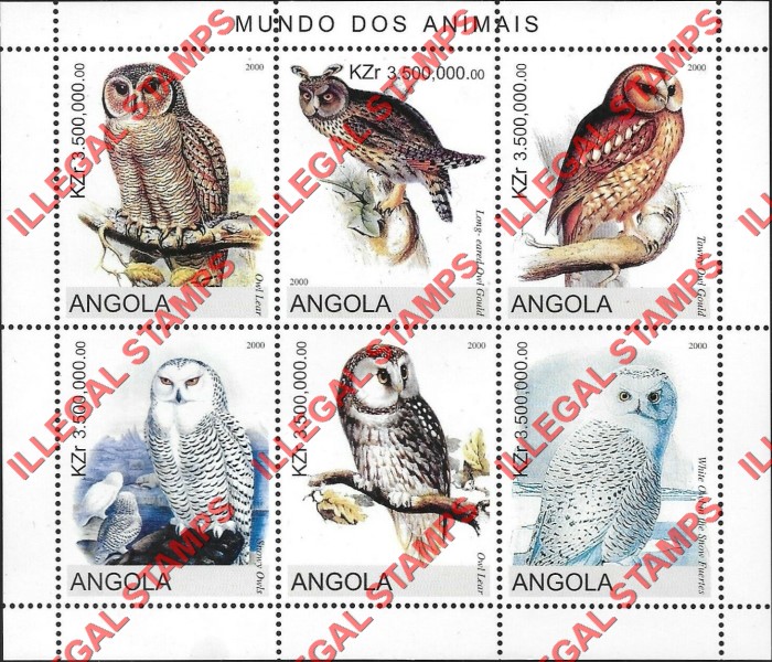 Angola 2000 Owls Illegal Stamp Souvenir Sheet of 6