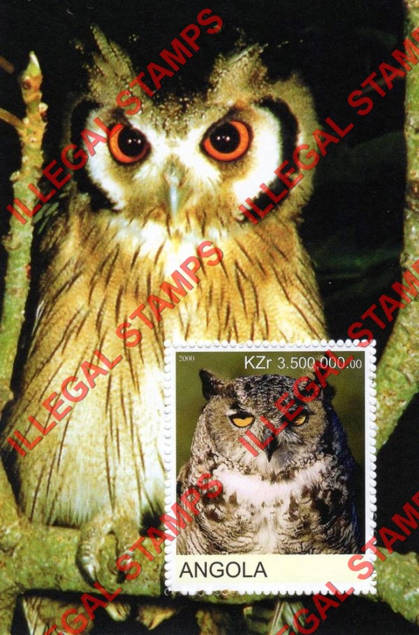 Angola 2000 Owls Illegal Stamp Souvenir Sheets of 1 (Sheet 2)