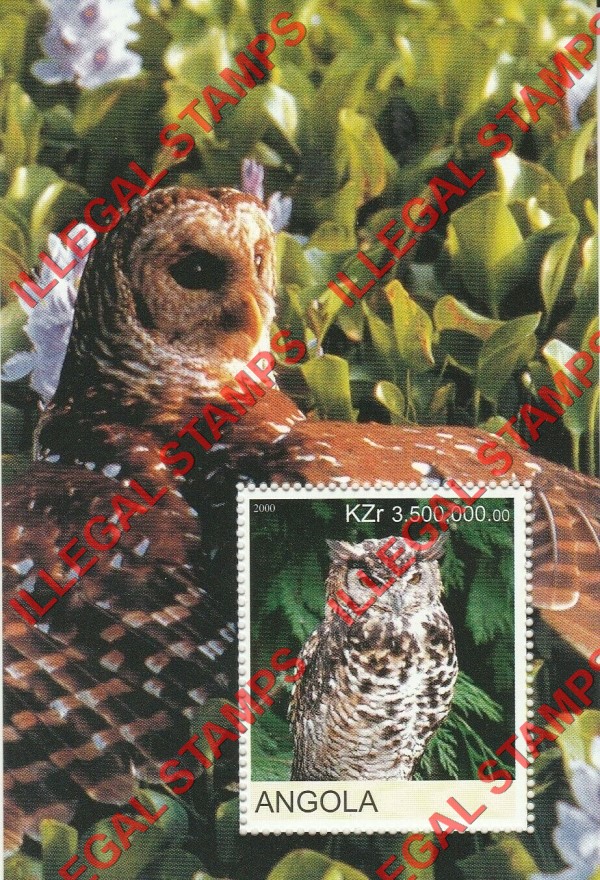 Angola 2000 Owls Illegal Stamp Souvenir Sheets of 1 (Sheet 3)