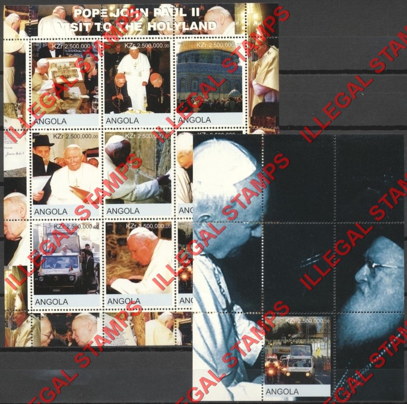 Angola 2000 Papal Visit Pope John Pail II Visit to Holyland Illegal Stamp Souvenir Sheets of 9 and 1