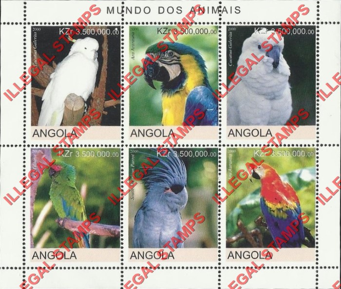 Angola 2000 Parrots Illegal Stamp Souvenir Sheet of 6