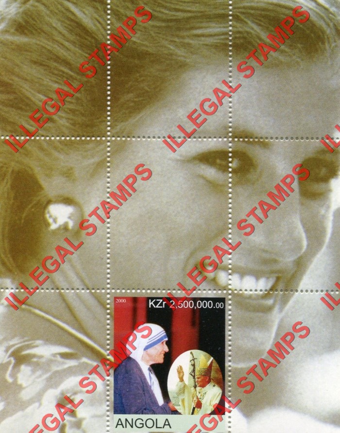 Angola 2000 Pope John Paul II and Mother Teresa Illegal Stamp Souvenir Sheet of 1
