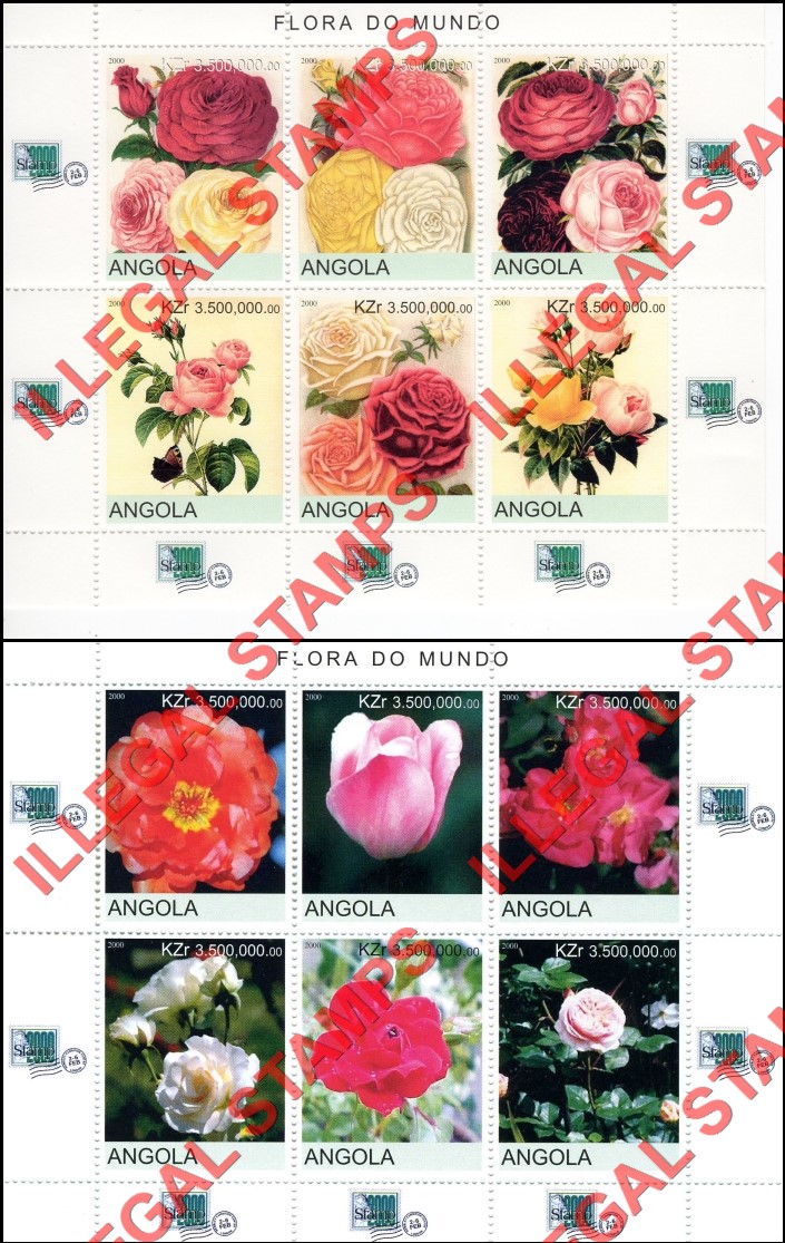 Angola 2000 Roses Flowers Illegal Stamp Souvenir Sheet of 6