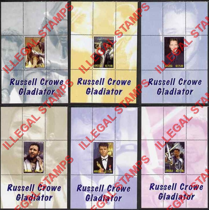 Angola 2000 Russell Crowe Gladiator Illegal Stamp Souvenir Sheets of 1
