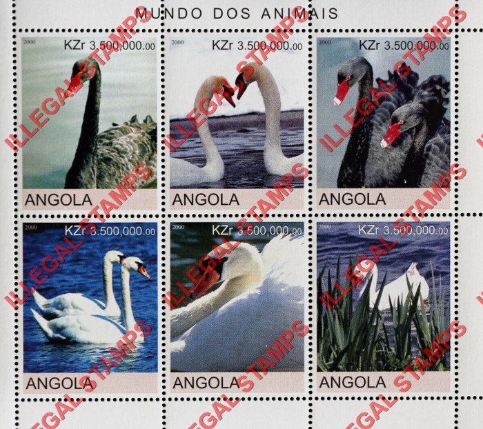 Angola 2000 Swans Illegal Stamp Souvenir Sheet of 6