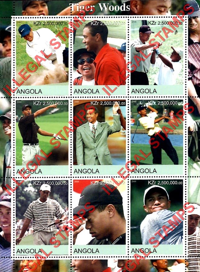 Angola 2000 Tiger Woods Golf Illegal Stamp Souvenir Sheet of 9