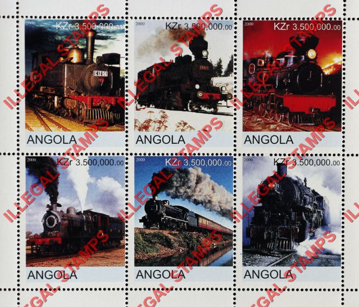 Angola 2000 Trains Illegal Stamp Souvenir Sheets of 6 (Sheet 10)