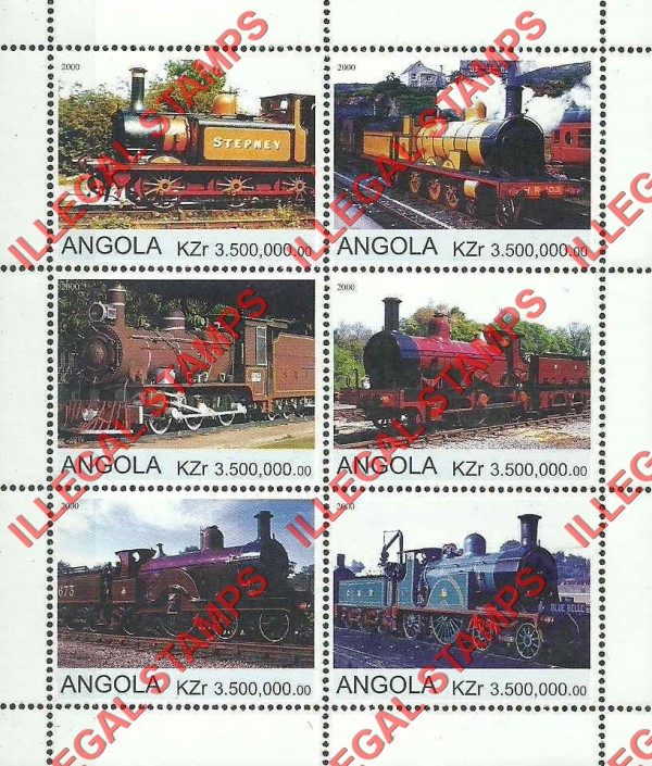 Angola 2000 Trains Illegal Stamp Souvenir Sheets of 6 (Sheet 7)