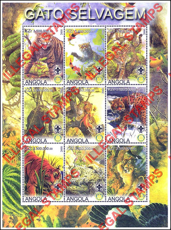 Angola 2000 Wild Cats with Scouts Logo Illegal Stamp Souvenir Sheets of 9 (Sheet 1)