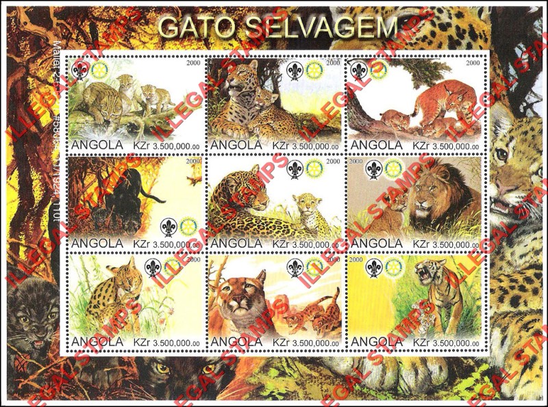 Angola 2000 Wild Cats with Scouts Logo Illegal Stamp Souvenir Sheets of 9 (Sheet 2)