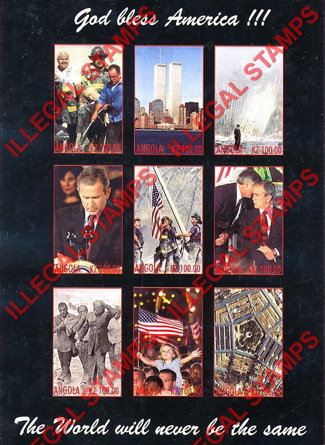 Angola 2001 9-11 Twin Towers Attack Illegal Stamp Souvenir Sheet of 9