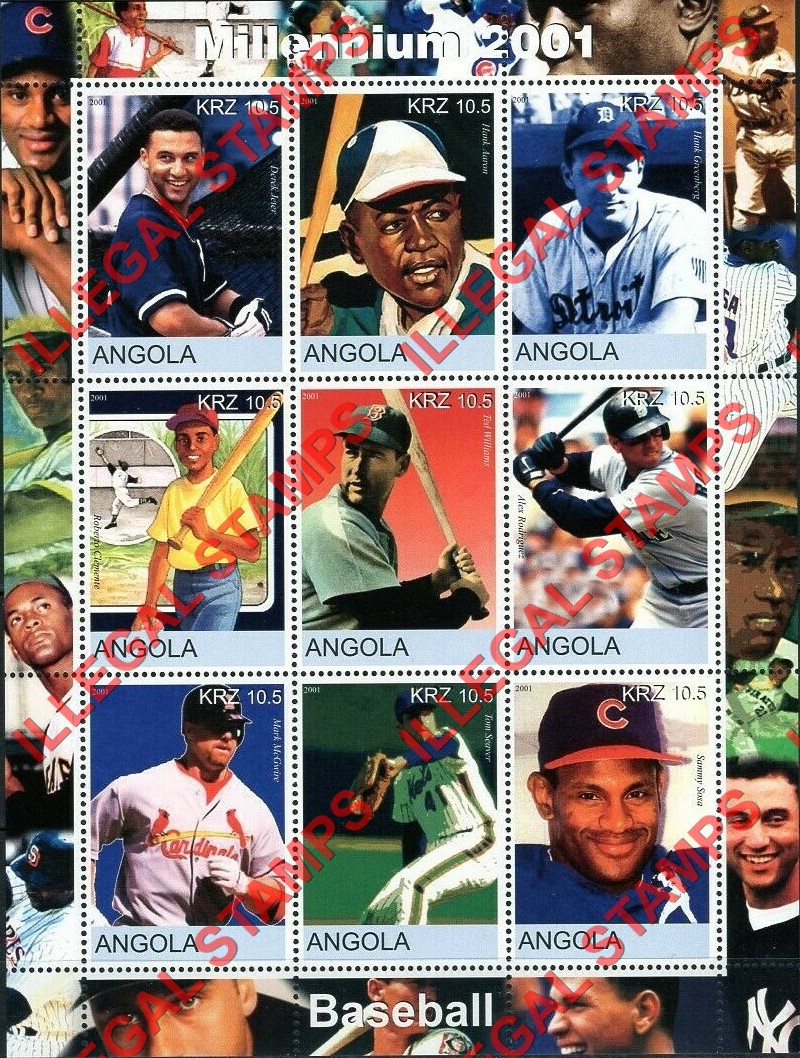 Angola 2001 Baseball Players Millennium 2001 Illegal Stamp Souvenir Sheet of 9