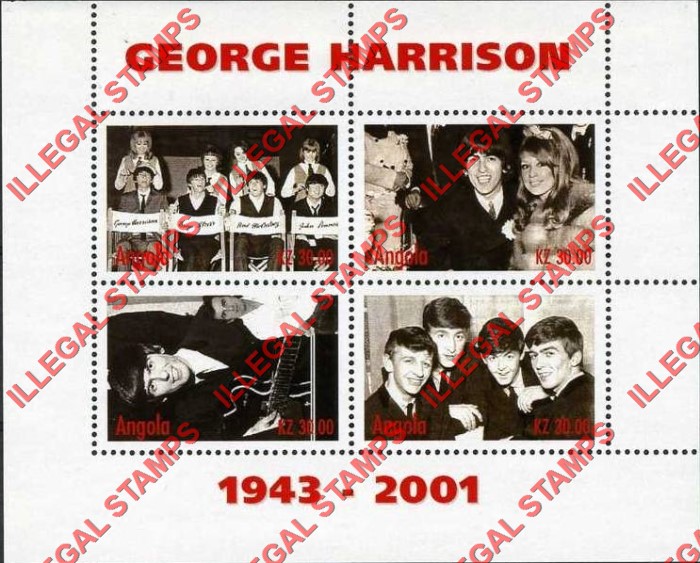 Angola 2001 George Harrison The Beatles Illegal Stamp Souvenir Sheet of 4