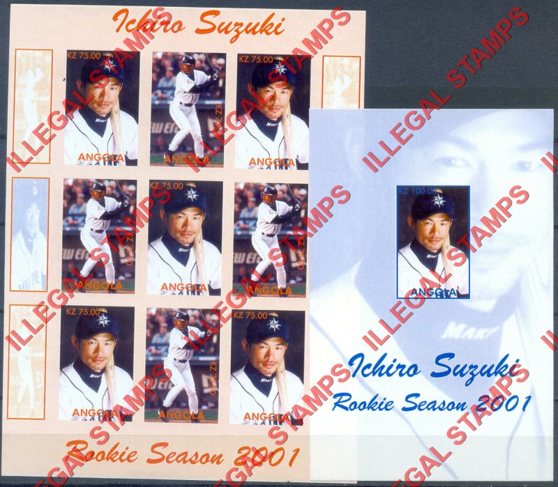 Angola 2001 Ichiro Suzuki Rookie Season Baseball Player Illegal Stamp Souvenir Sheets of 9 and 1
