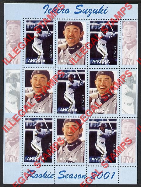 Angola 2001 Ichiro Suzuki Rookie Season Baseball Player (different) Illegal Stamp Souvenir Sheet of 9