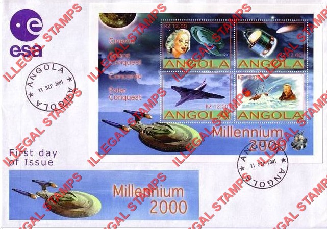 Angola 2001 Millennium 2000 Illegal Stamp Souvenir Sheet of 4 on Fake First Day Cover
