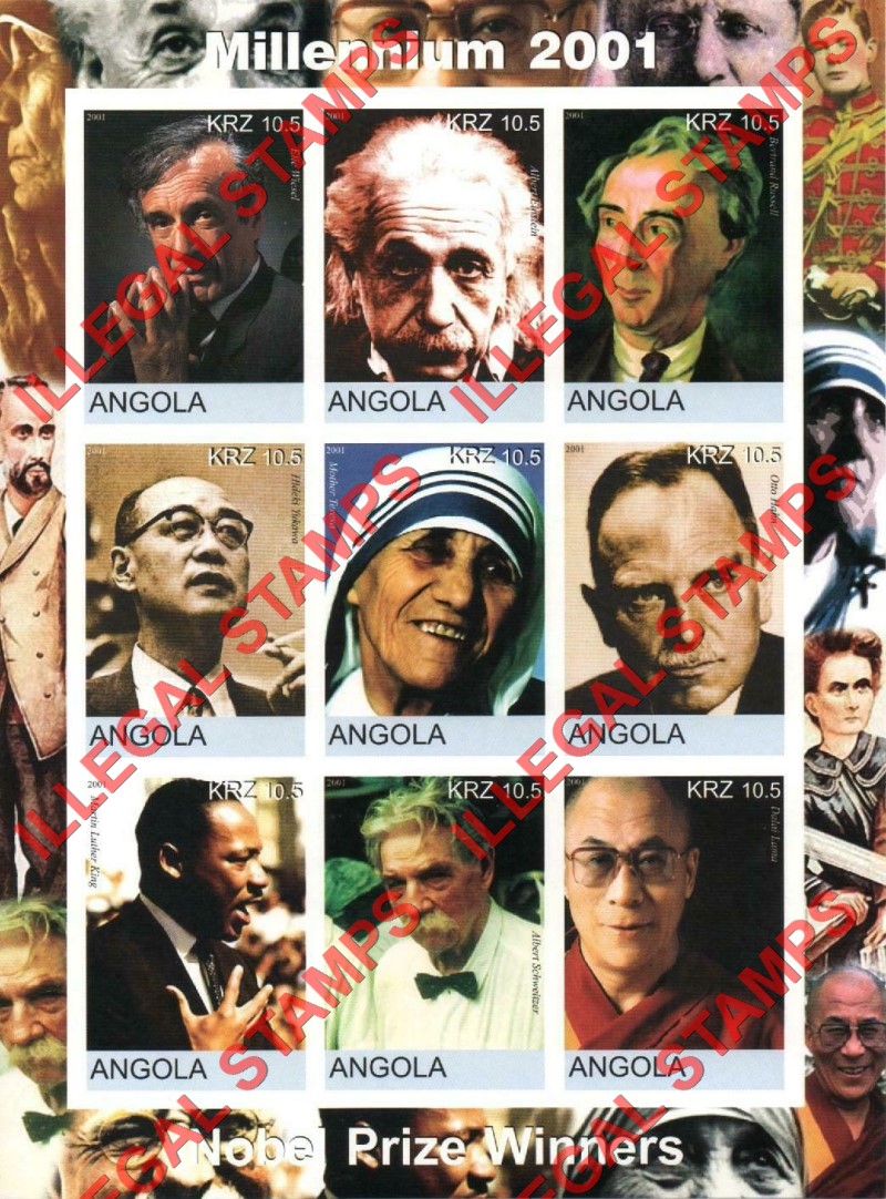 Angola 2001 Nobel Prize Winners Millennium 2001 Illegal Stamp Souvenir Sheet of 9