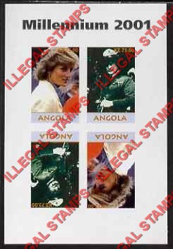 Angola 2001 Princess Diana and Baden Powell Millennium 2001 Illegal Stamp Souvenir Sheet of 4