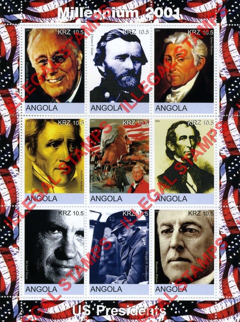 Angola 2001 U.S. Presidents Millennium 2001 Illegal Stamp Souvenir Sheet of 9