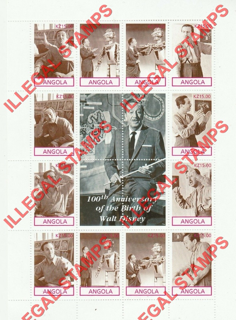 Angola 2001 Walt Disney Birth Anniversary Illegal Stamp Souvenir Sheet of 12 Plus 4 Labels