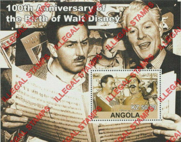 Angola 2001 Walt Disney Birth Anniversary Illegal Stamp Souvenir Sheets of 1 (Sheet 1)