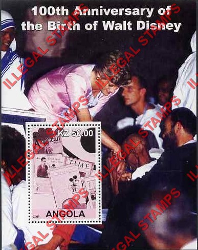 Angola 2001 Walt Disney Birth Anniversary Illegal Stamp Souvenir Sheets of 1 (Sheet 10)