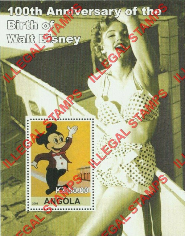 Angola 2001 Walt Disney Birth Anniversary Illegal Stamp Souvenir Sheets of 1 (Sheet 3)