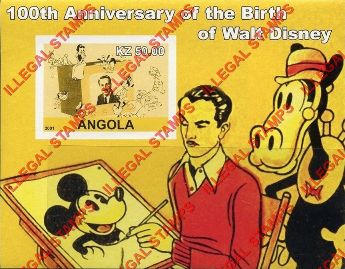 Angola 2001 Walt Disney Birth Anniversary Illegal Stamp Souvenir Sheets of 1 (Sheet 7)