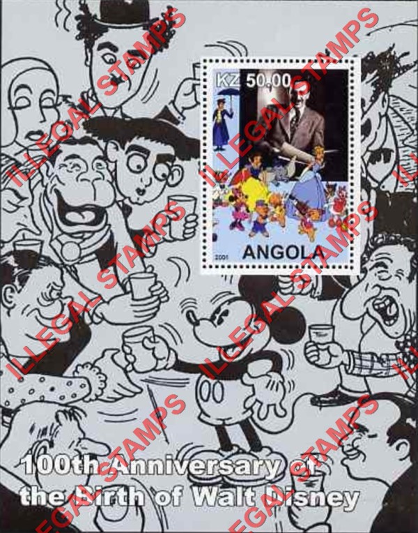 Angola 2001 Walt Disney Birth Anniversary Illegal Stamp Souvenir Sheets of 1 (Sheet 8)