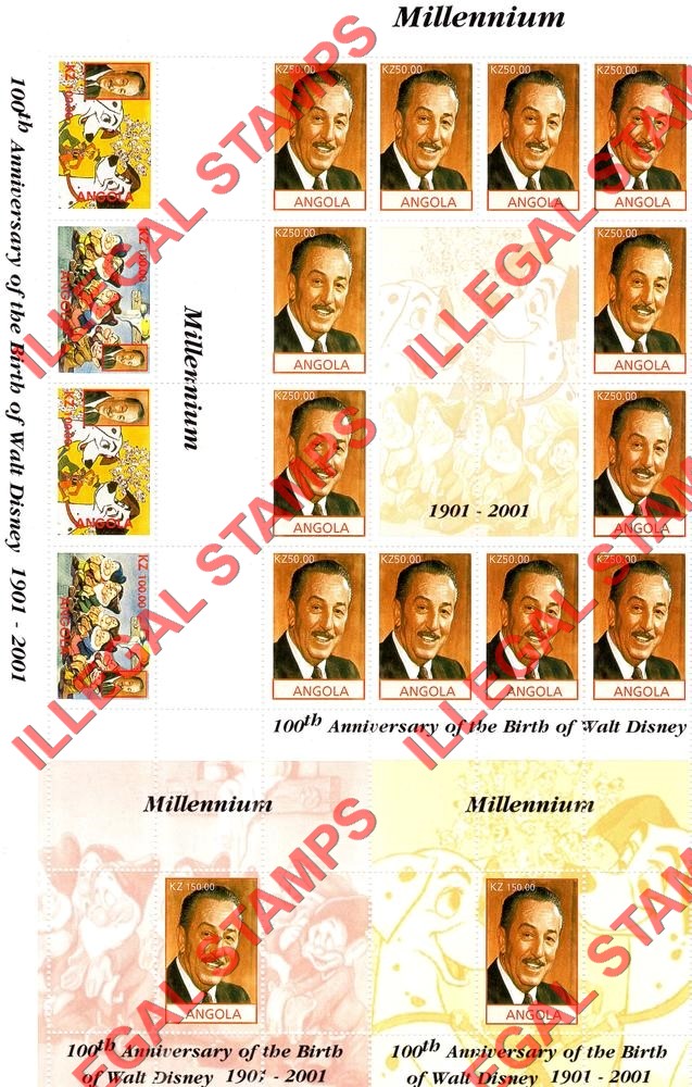 Angola 2001 Walt Disney Birth Anniversary Millennium Illegal Stamp Souvenir Sheets of 12, 4 and 1