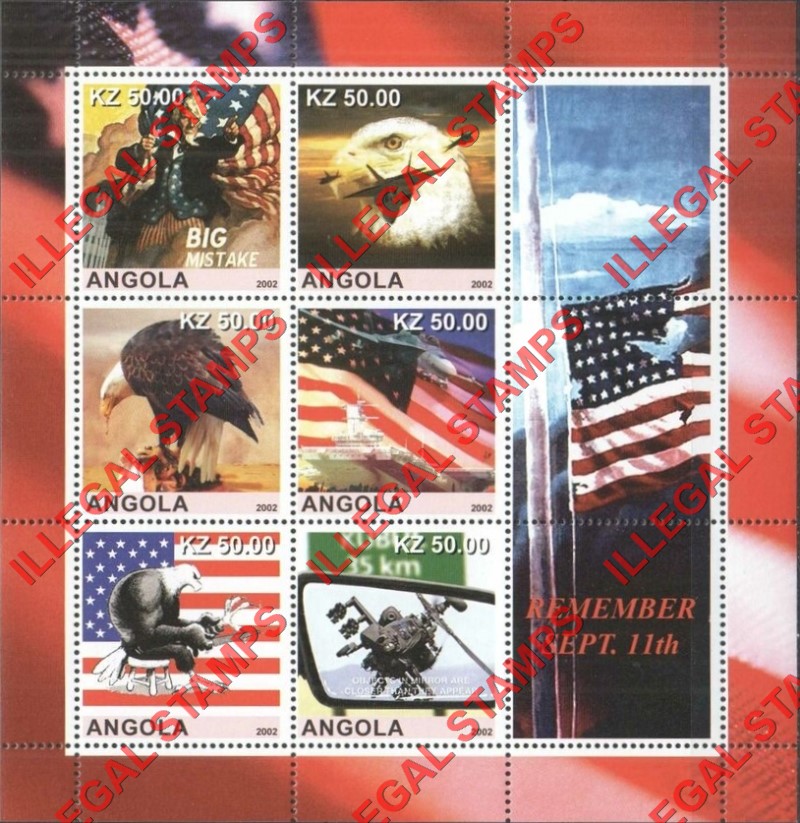 Angola 2002 9-11 Remember Sept. 11th Illegal Stamp Souvenir Sheet of 9